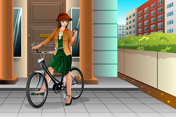 Woman Riding a Bike and Looking at Her Phone