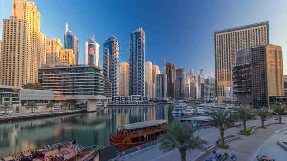 Morning View of Dubai Marina Towers and Canal in Dubai Timelapse