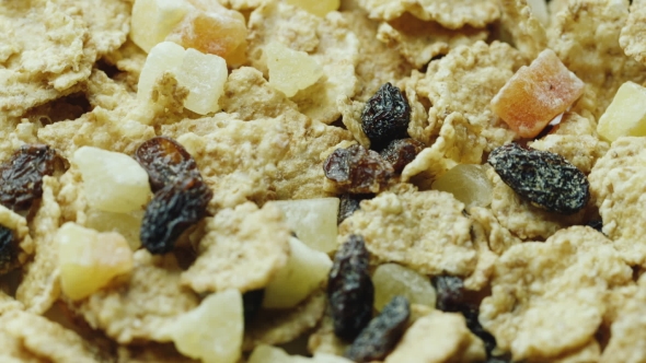 Multigrain Flakes With Pieces of Raisins and Dried Fruits. Natural and Healthy Eating