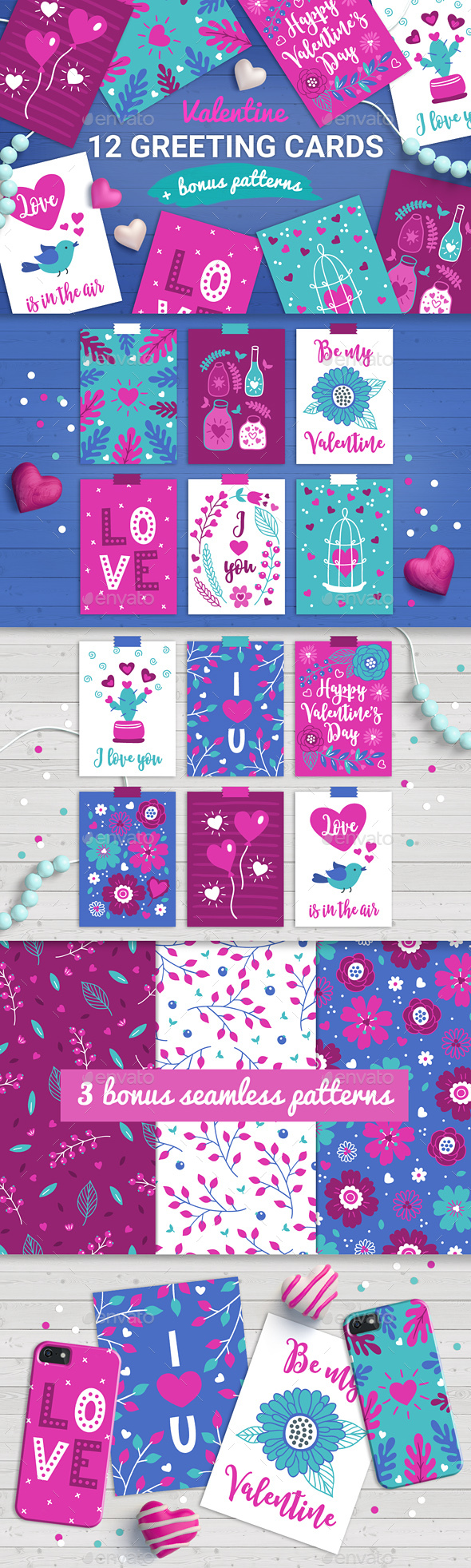 12 Valentine Cards + 3 Seamless Patterns
