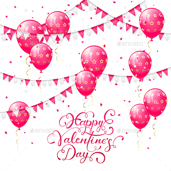 Valentines Lettering with Pink Balloons and Pennants