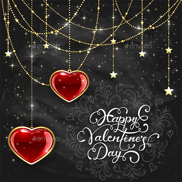 Red Hearts and Valentines Lettering on Black Chalkboard Background