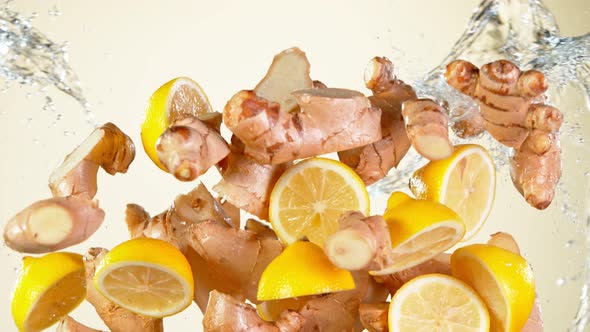 Super Slow Motion Shot of Flying Ginger Cuts Lomen Slices and Water Side Splash at 1000 Fps