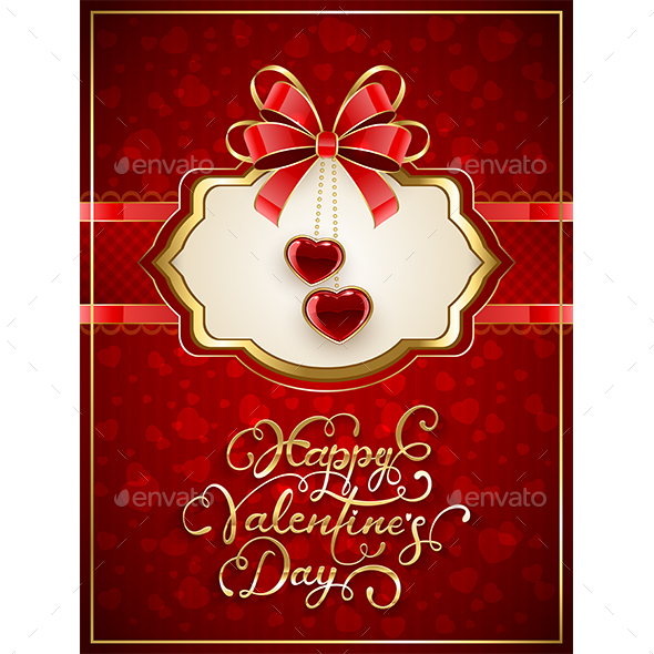 Card with Valentines Hearts and Bow on Red Background