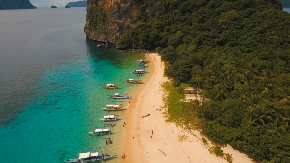 Tropical Beach with Boats, Aerial View. Tropical Island.