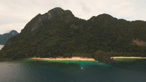 Tropical Beach with Boats, Aerial View. Tropical Island.