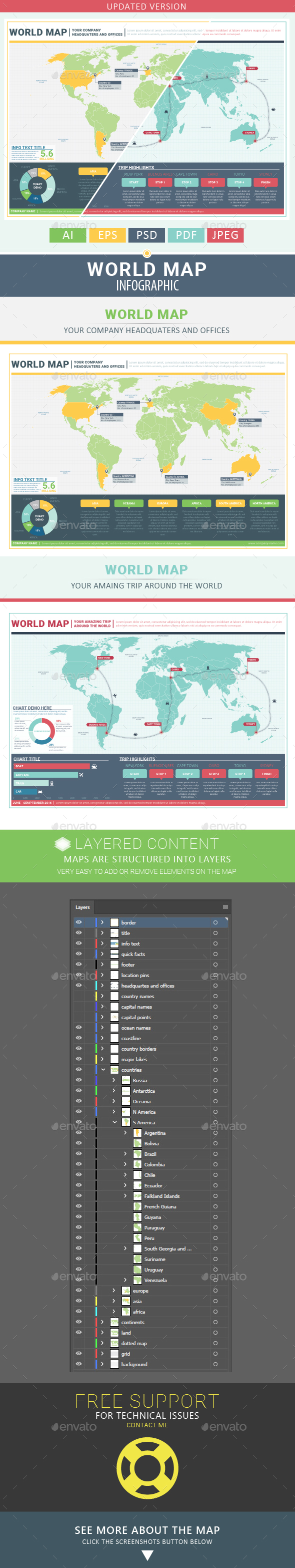 Graphics: Atlas Border Capitals Cartography Chart Company Countries Country Dotted Map Education Geography Headquarters Infographic Infographic Map Layered Map Ocean Pins Route Stripes Tourism Trip Vacation Vector World World Map