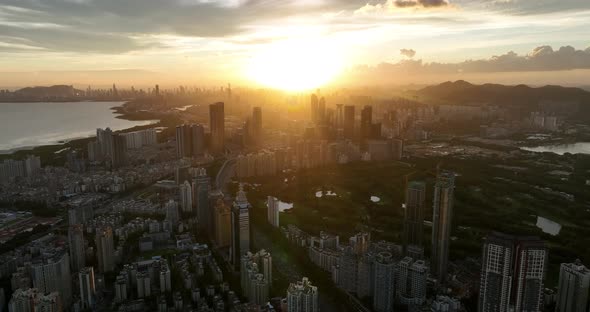 Aerial footage of beautiful landscape at sunset in shenzhen city, China