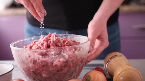 Adding Salt and Spices to Minced Meat with Onion and Spices in a Glass Bowl Making Cutlets