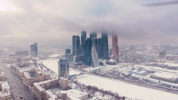 Aerial Video Footage Snowy Business Center Moscow City