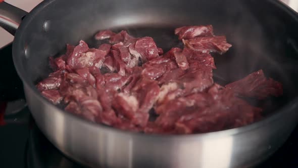 Young Woman Fries Pieces of Meat in Pan, Cooking in Home Kitchen.