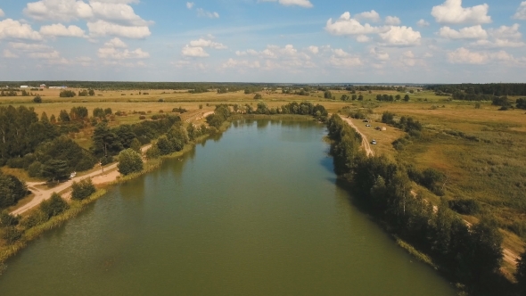 Aerial View.Landscape of the Field, Lake.