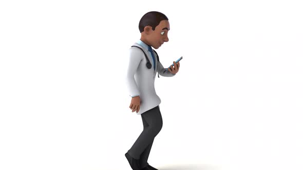 Fun 3D cartoon doctor walking with a phone