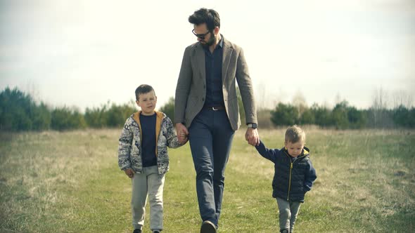 Happy Family Father Days Child Boys Leisure. Son Boys Walking Happiness. Cute Little Kid Having Fun.