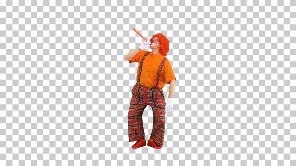 Clown with red nose blowing party horn, Alpha Channel