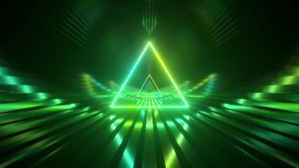 Sci-fi Tunnel with Neon Triangles. An Endless Flight Forward. Modern Neon Lighting. Seamless Loop 3d