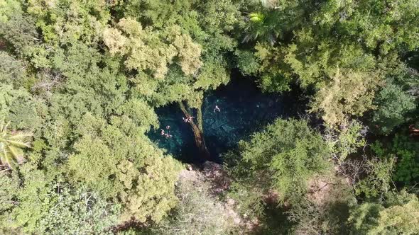 Top View of People Swimming in a Small Lake in the Middle of a Tropical Forest