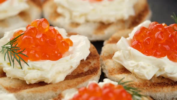 red caviar sandwiches with soft cheese close up. Delicacy food