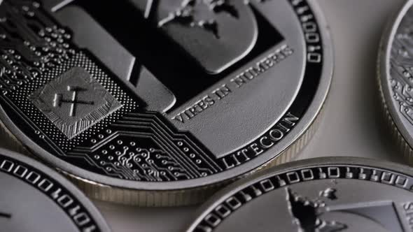 Rotating shot of Litecoin Bitcoins 