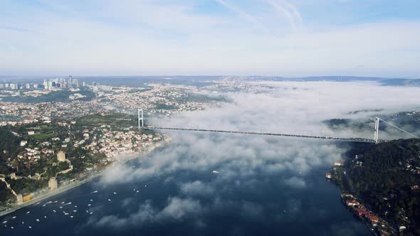 amazing view of istanbul two continent in foggy day from drone shot