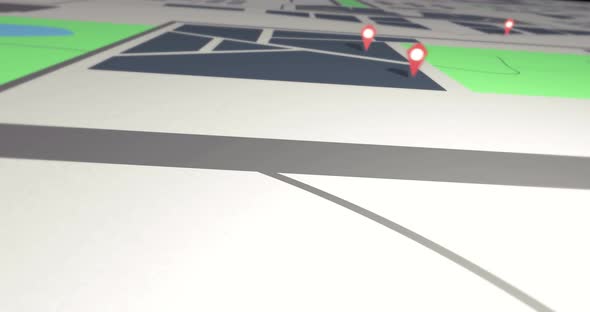 3D Flight over a digital generated city street map with pins to a marked destination