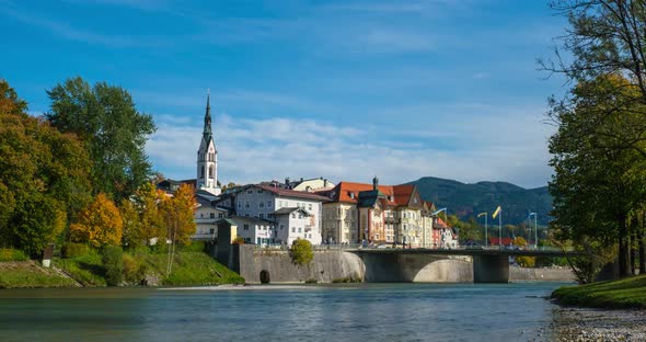 Timelapse of Golden Autumn in Famous Tourist Landmark Medieval Town Bad Tolz. View of Isar River