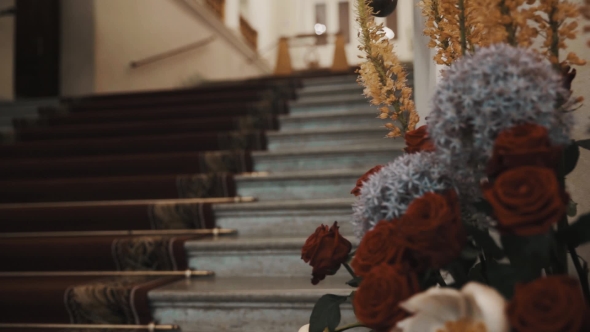 Staircase with Carpet, Old Classical Conert Hall Hallway, Roses on Foreground