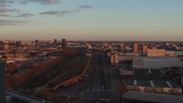 Traffic in Rotterdam, the Netherlands at sunset on sunny winter day