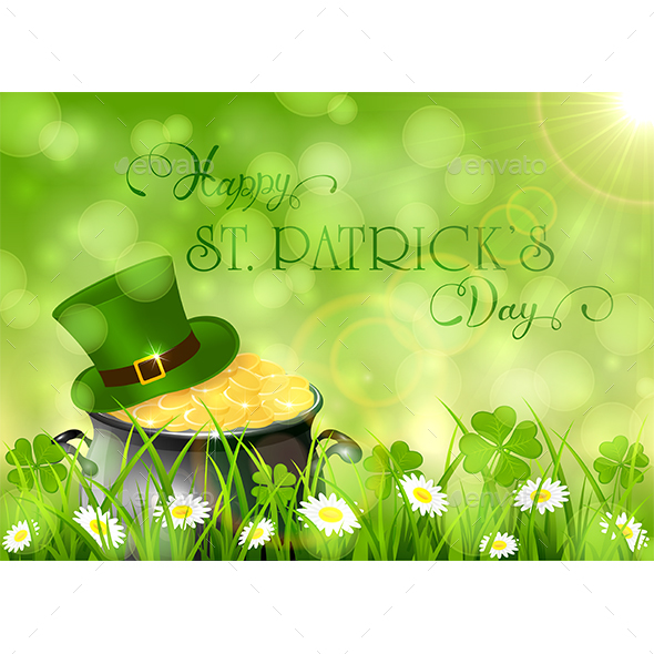 Sunny Patricks Day Background with Hat and Gold of Leprechaun