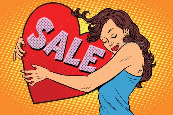 Young Woman Hugging Sale Valentine Heart
