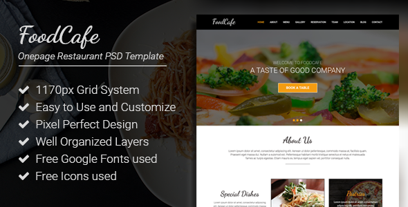 FoodCafe - Onepage Restaurant PSD Template