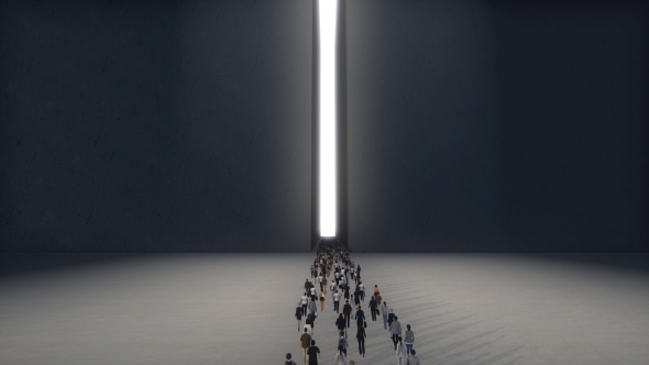 A Large Group of People Walking to Light Corridor