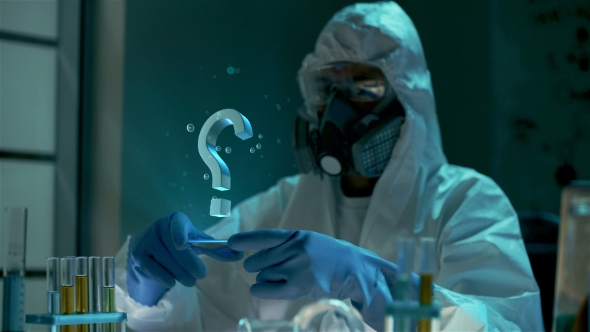 Scientist Looks at Virtual Holographic 3D Rotating Question Sign Floating in the Air. Thinking About alt