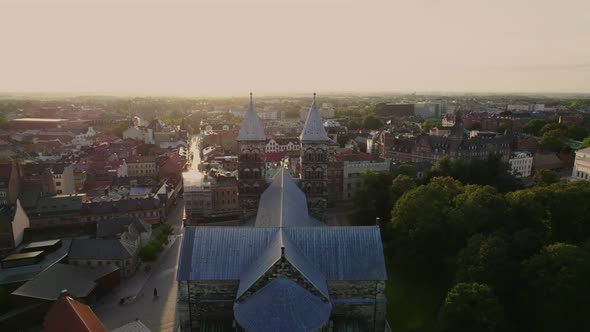 Drone flying between Lund Cathedra towers, Sweden