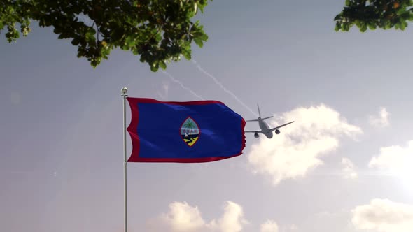 Guam Flag With Airplane And City -3D rendering