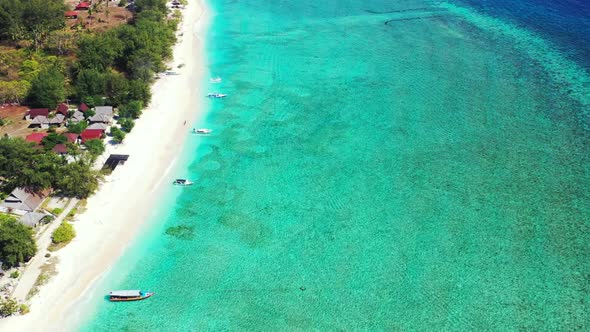 Aerial drone view texture of paradise tourist beach journey by shallow ocean with white sand backgro