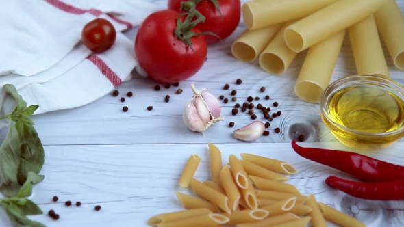 Penne, Cannelloni, Spaghetti with Ingredients for Cooking Pasta