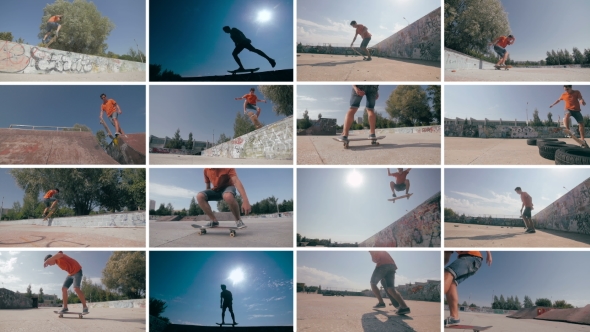 Montage: Multiscreen Skateboarder Does Flip at Sunset. Sports Background.