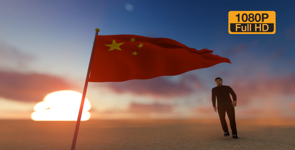 China Flag and Man Walking