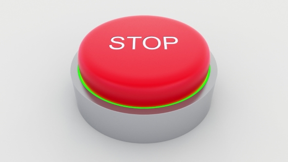 Big Red Button with Stop Inscription Being Pushed