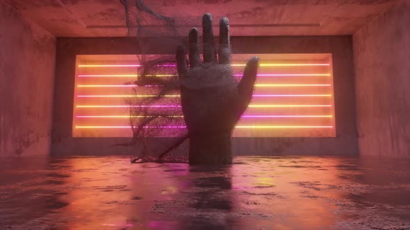 A Stone Human Hand Emitting Millions of Particle Streams in a Future Scifi Room with Modern Neon