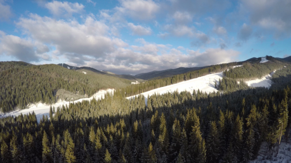 Drone Flying Over Mountains Ski Resort