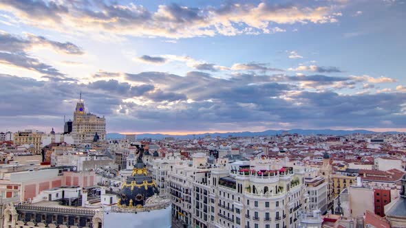 Panoramic Aerial View of Gran Via Timelapse Before Sunset Skyline Old Town Cityscape Metropolis