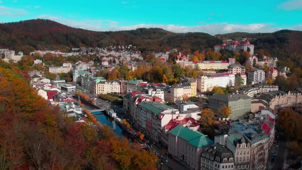 Drone view on autumn Karlovy Vary old town in Europe