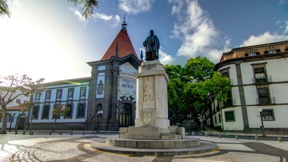 A Statue of Zarco Stands on the Avenida Arriaga  Hyperlapse in Funchal, Madeira, Portugal.