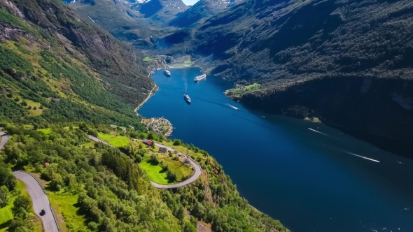 Geiranger Fjord, Beautiful Nature Norway Aerial Footage.