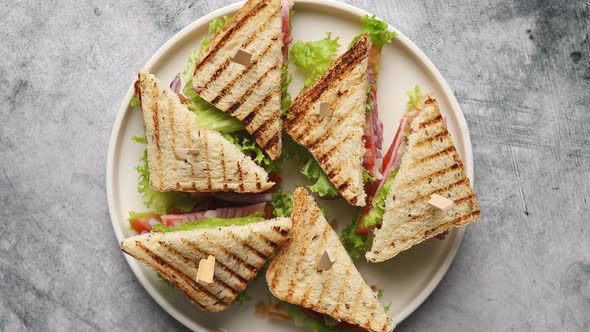 Tasty and Fresh Club Sandwich Served on White Ceramic Plate