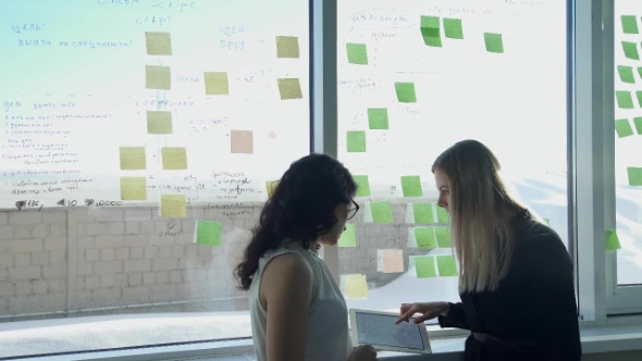 Two Business Women on Background of Window in Hall Discuss Topics