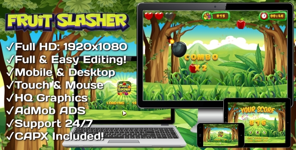Fruit Slasher - gra HTML5, wersja mobilna + AdMob !!! (Construct 3 | Construct 2 | Capx)