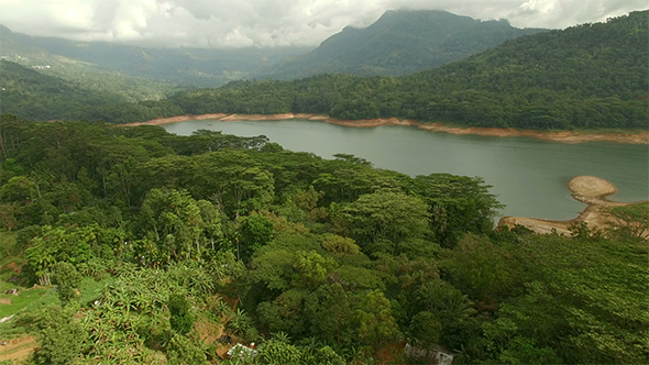 Flyover Tropical Forest and Lake Resevoir